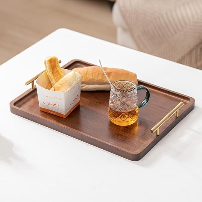 Bamboo Serving Tray with Gold Handles, Food Tray for Breakfast,Coffee Table,Dinner & Bar, Decorative Tray for Kitchen, Bedroom (Large)