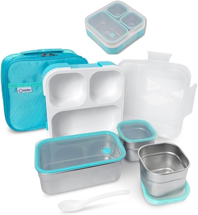 kinsho Stainless Steel Bento Lunch Box Set for Kids Babies - Insulated Bag - Leak-Proof Metal Compartment Meal Prep Food & Snack Containers for Work Travel School Toddler Daycare 24 oz Baby Teal Blue