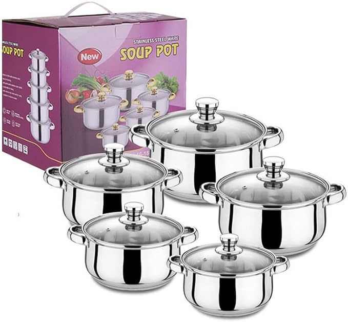 10PCS Stainless Steel Cookware Sets Nonstick Cookware Pot Dishwasher Safe Pots with Glass Lids for Soup, Pasta, Stew, Rice, Healthy Everyday Use for Gas Electric Halogen Ceramic Induction Hobs 01