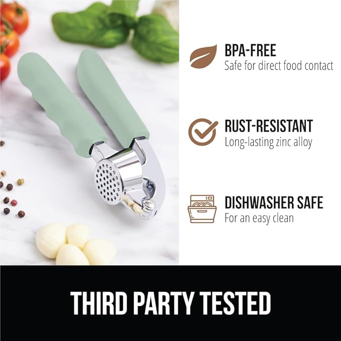 GORILLA GRIP Garlic Press and Peel Set, Heavy Duty Mincer Tool, Easily Mince and Crush Garlics, Ginger, Nuts, Seeds, Large Ergonomic Handle, Peeler Included, Peeling Cloves, Kitchen Gadgets, Mint