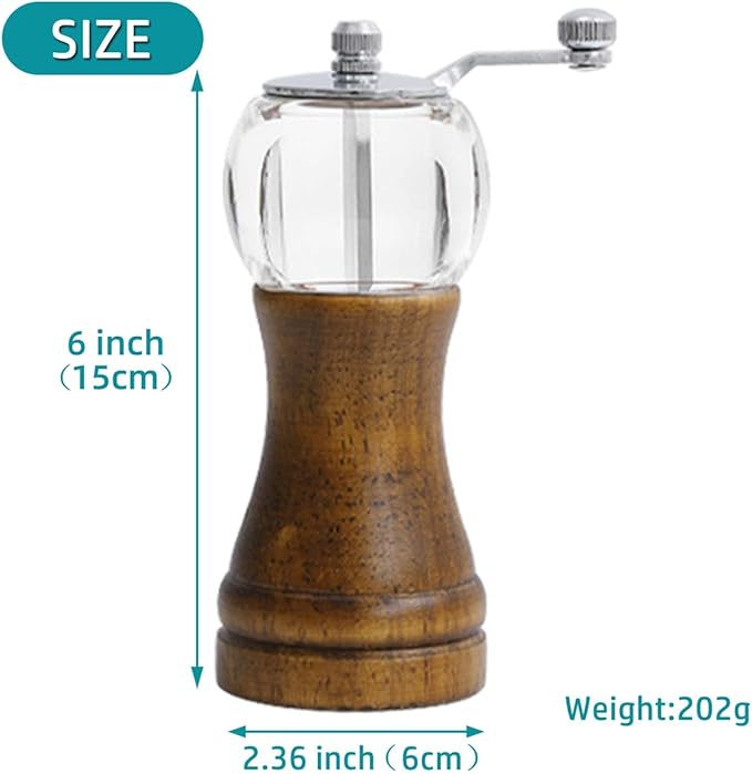 Pepper Grinder, Classical Roast Black Manual Pepper Grinder Set, Hand Shake Sea Salt Mill, Retro Style Wood， Acrylic，Ceramic Blades, Enjoy Fresh Pepper Spices (Walnut color 2pcs-6in)