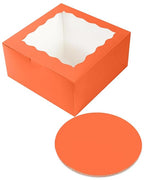 qiqee 10x10x5 Cake Box, 18 Sets Coral Orange Cake Box with Window ＆ 18 Sets 10" Coral Orange Cake Round Boards, 10inch Cake Containers