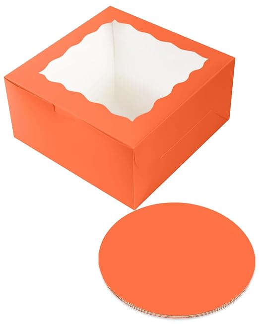 qiqee 10x10x5 Cake Box, 18 Sets Coral Orange Cake Box with Window ＆ 18 Sets 10" Coral Orange Cake Round Boards, 10inch Cake Containers
