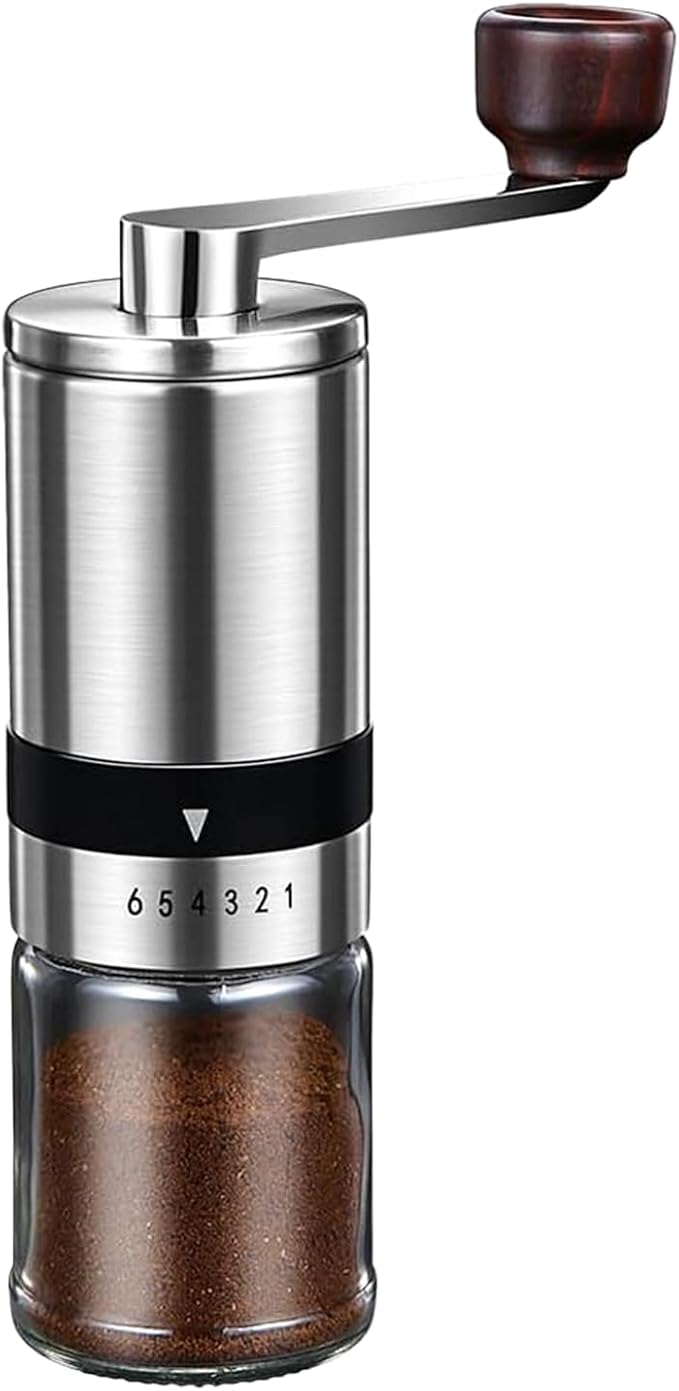 Ceramic Burr Manual Coffee Grinder with 6 Adjustable Coarseness Settings for Espresso Beans French Press Pour Over Drip Stainless Steel Hand Crank Coffee Mill for Home Use or Travel Camping