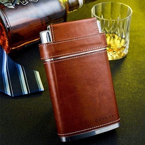 GENNISSY 8oz Hip Flask for Men - 304(18/8) Stainless Steel Bourbon Whiskey Flask, Leakproof with Brown Leather Wrap - Includes Funnel & 3 Mini Cups for Dad, Gifts, Travel