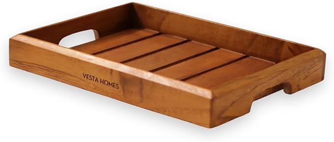Medium Teak Wood Serving Tray for Home, Kitchen, Breakfast, Restaurant, Office Organizer, Dining Table | Premium Wooden Tray |12 * 8.5 * 1.5 Inches | Handmade in India