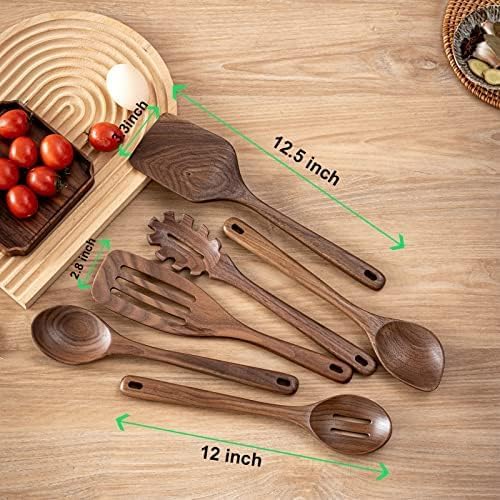 Gudamaye 12 inch Black walnut Wooden spoons for cooking, 6 PCES Long Handel Wooden Spoons, Natural Black walnut Wooden utensil for cooking, Wooden Kitchen Utensil set