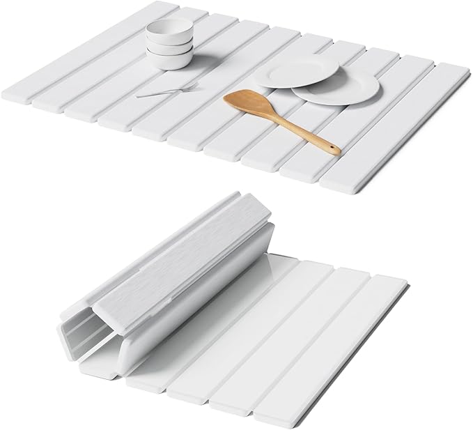 Large Stone Drying Mat for Kitchen Counter, 24"(L)×16"(W), Foldable Diatomaceous Earth Mat, Fast Drying & Absorbent Pad for Dishes, Bottles, Cups, Bathroom & Any Countertop (White)