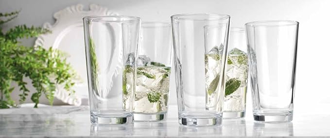 Home Essentials Drinking Glass Set - 10 Highball Glass Cups, 16 Oz. Basic Water Glasses, Beer, Juice, Cocktails, Wine, Iced Tea, Bar Glasses. Dishwasher Safe