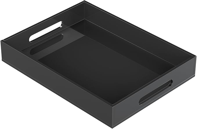 Acrylic Serving Tray with Handles-16x12x2.36Inch-Decorative Tray Letter Tray Organizer for Ottoman Coffee Table Countertop, Black