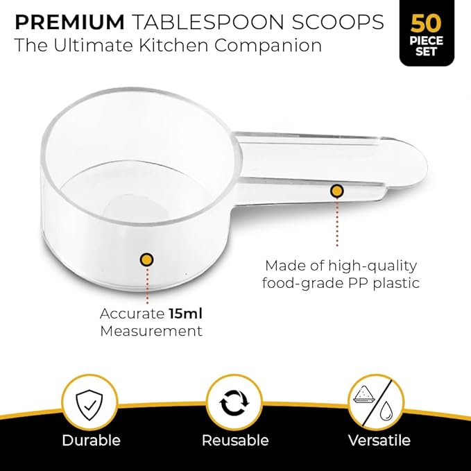 50 Pack Tablespoon Measuring Spoon Set with Short Handle Coffee Scoop - 1 Tablespoon (15 ML) Clear Plastic Scoops for Coffee, Loose Tea, Protein, Spices, Powders, and Other Dry Goods Bulk Value Pack