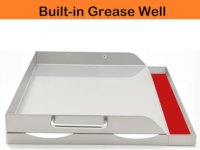 Universal Stainless Steel Griddle Flat Top Plate Grill-Top Griddle Pan with Even Heating Cross Bracing for BBQ Charcoal/Gas Grills, Camping, Tailgating, and Parties (23"*16")