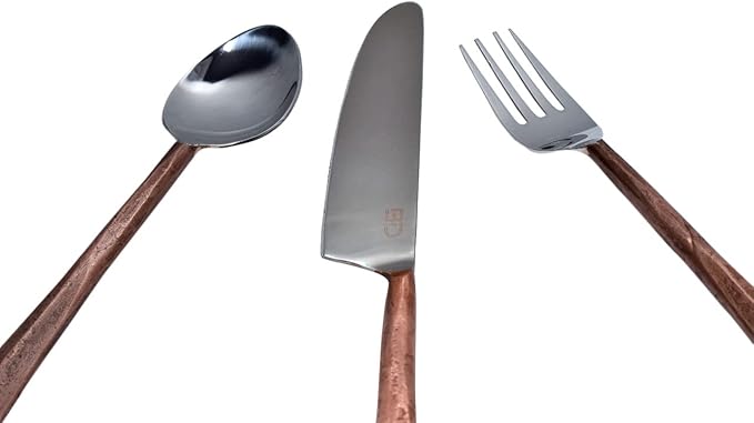 Bold & Divine Ridge Copper 5pcs Flatware Cutlery Set, Premium Stainless Steel Cutlery Set Service for 1 Include Knife/Fork/Spoon, Solid Stainless Steel Flatware