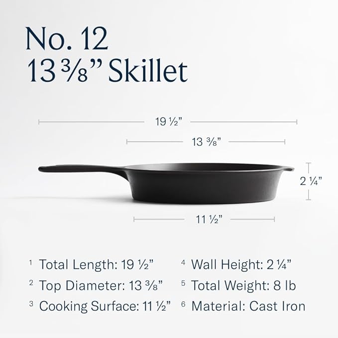 Field Company 13.37 Inch (Extra Large) Cast Iron Skillet – No.12, Perfect for 6-8 Servings, Lightweight & Smooth, Preseasoned with Organic Oil – Made in USA, Non-Toxic, Vintage Design