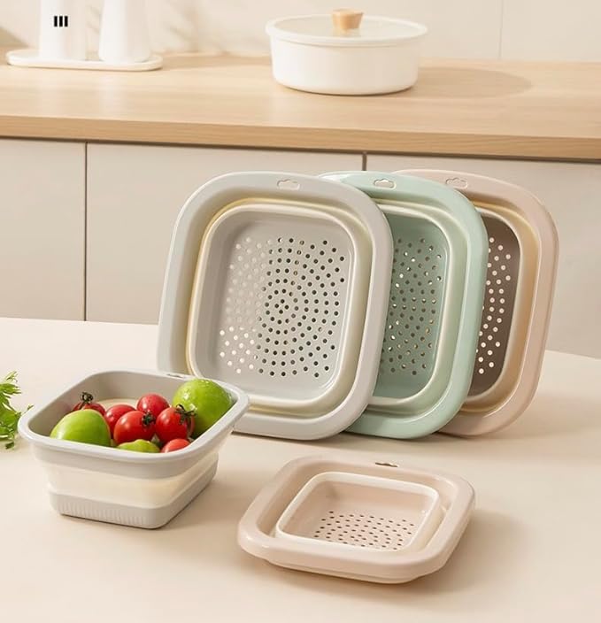 2pcs Folding Colander Bowls Strainers for Kitchen, Double Layer Drain Basket and Fruits Bowl, Multipurpose Food Prep Container for Pasta, Spaghetti, Vegetables, & Fruit Draining (Milky white)