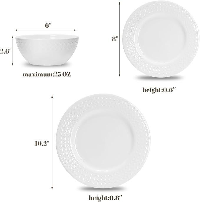 18-Piece Bone China Dinnerware Set for 6, White Porcelain Plates and Bowls with Textured Design, Lightweight Microwave Dishwasher Safe for Family Dining
