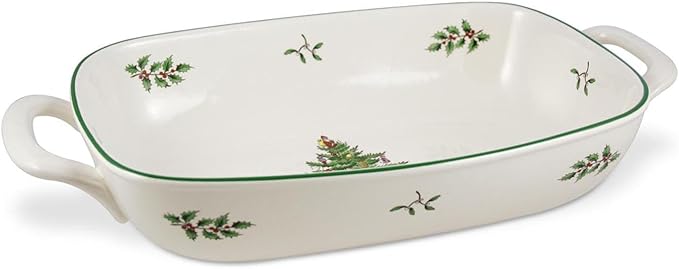 Spode Christmas Tree Oval Breadbasket, 12 Inch Handled Bowl for Fruit, Bread, Cookies - Porcelain Gift, Holiday Serveware & Oven to Table Dish, Dishwasher Safe Tableware