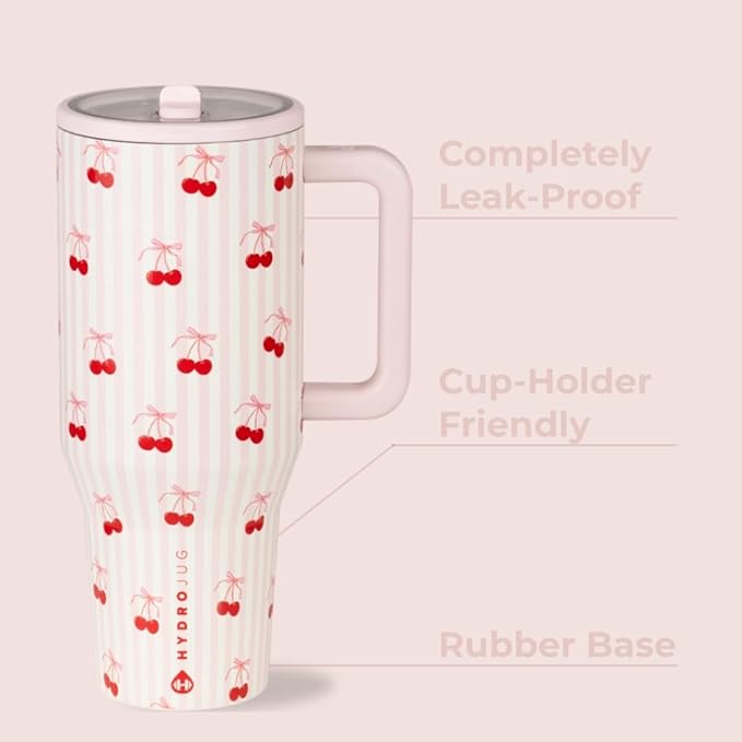 HydroJug Traveler - 40 oz Water Bottle with Handle & Flip Straw - Fits in Cup Holder, Leak Resistant Tumbler-Reusable Insulated Stainless Steel & Rubber Base - Gifts for Women & Men, Sweet Cherry