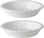Fun Elements Pie Pan, 9 Inch Ceramic Pie Dish, Deep Dish Pie Pan with Lace Emboss, Ruffled Pie Plate for Baking, Thanksgiving Christmas Gifts, Set of 2, White