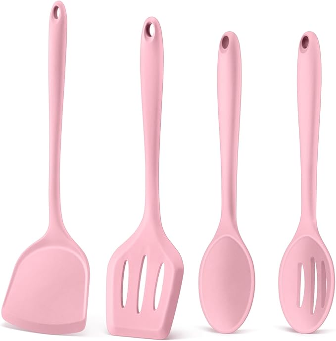 P&P CHEF Kitchen Utensil Set, 4 Pieces Non-stick Silicone Cooking Utensils, Heat-resistant Slotted Solid Spoon Turner for Frying, Mixing, Serving, Non-toxic & Easy to Clean, Pink