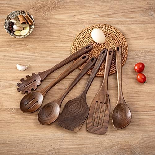 Gudamaye 12 inch Black walnut Wooden spoons for cooking, 6 PCES Long Handel Wooden Spoons, Natural Black walnut Wooden utensil for cooking, Wooden Kitchen Utensil set