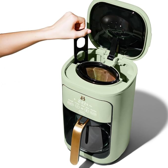 Beautiful by Drew Barrymore 14-Cup Programmable Drip Coffee Maker, Touch-Activated Display, Fast 14-Min Brew, Bold Strength, Keep Warm 4hrs, Gold Filter (Sage Green)