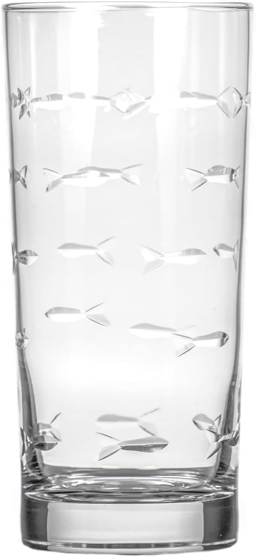 Rolf Glass School of Fish Highball Glass | Set of 4 15oz Cooler Glasses | Lead-Free Engraved Glass with Heavy Base | Proudly Made in the USA