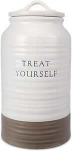 Young's Inc. Ceramic Cookie Jar - Cute Kitchen Counter Storage Canister with Lid - Perfect for Cookies, Coffee, Tea, Candy, Dog Treats, and More - Treat Yourself - White, Brown