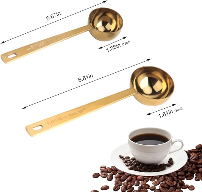 Coffee Scoop, Gold Stainless Steel Coffee Spoons Set, 1 tablespoon (15ml) and 1 tablespoons (30ml) Spoon, Gold Tablespoon Measure Spoon for Coffee, Milk Powder, Fruit Powder, 2 Pack (Long, Gold)