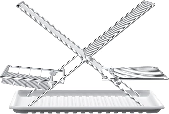 Dish Drying Rack with Drip Tray, 3 Tier Collapsible Stainless Steel Dish Drainer, Plate Rack Holder for Kitchen Counter, Folding Dish Rack for Kitchen Sink, Countertop,Cutlery, Plates, Dishes