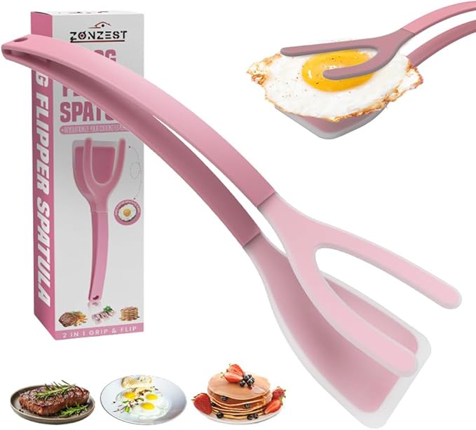 Silicone Egg Flipper Spatula Tongs (Set of 1) – Non-Stick 2-in-1 Grip & Flip Kitchen Tongs for Pancakes, Fish, Eggs, and More – Heat Resistant Cooking Tool (Black) (Pink)