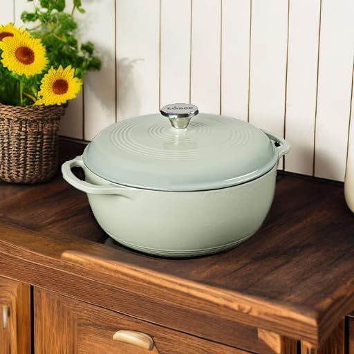 Lodge 6 Quart Enameled Cast Iron Dutch Oven with Lid – Dual Handles – Oven Safe up to 500° F or on Stovetop - Use to Marinate, Cook, Bake, Refrigerate and Serve – Desert Sage