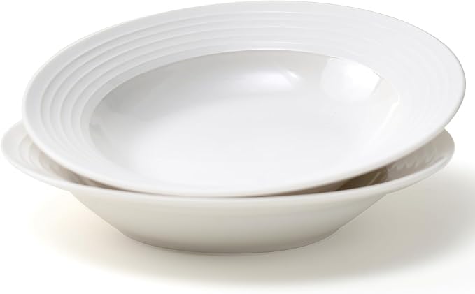 8.7-inch Wide Rim Ceramic Soup Bowl - Lead-Free White Pasta Bowls for Spaghetti, Salad, Stew, Rice Microwave & Dishwasher Safe - Scratch-Resistant & Heatproof Design Set of 2