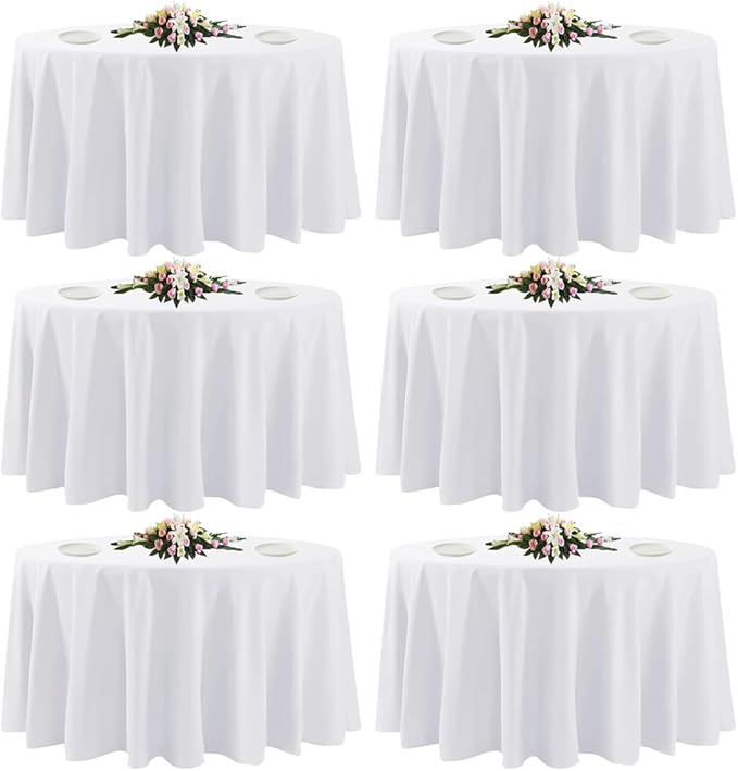6 Pack White Round Tablecloths, 120 Inch Stain Resistant and Wrinkle Polyester Fabric Washable Table Clothes Cover for Kitchen Dining, Wedding, Reception Banquet, Birthday Party, Buffet Restaurant