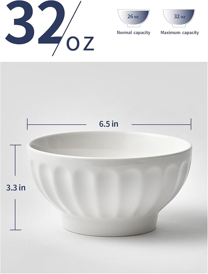 32 OZ Ceramic Soup/Cereal Bowls - White Bowls Set of 4 -Round Bowls for Cereal, Soup, Ice Cream, Fruit, Pasta, Salad, Rice - Dishwasher & Microwave Safe