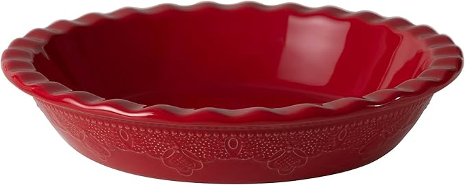 Fun Elements Pie Pan, 9 Inch Ceramic Pie Dish, Deep Dish Pie Pan with Lace Emboss, Ruffled Pie Plate for Baking, Thanksgiving Christmas Gifts(Christmas Red)