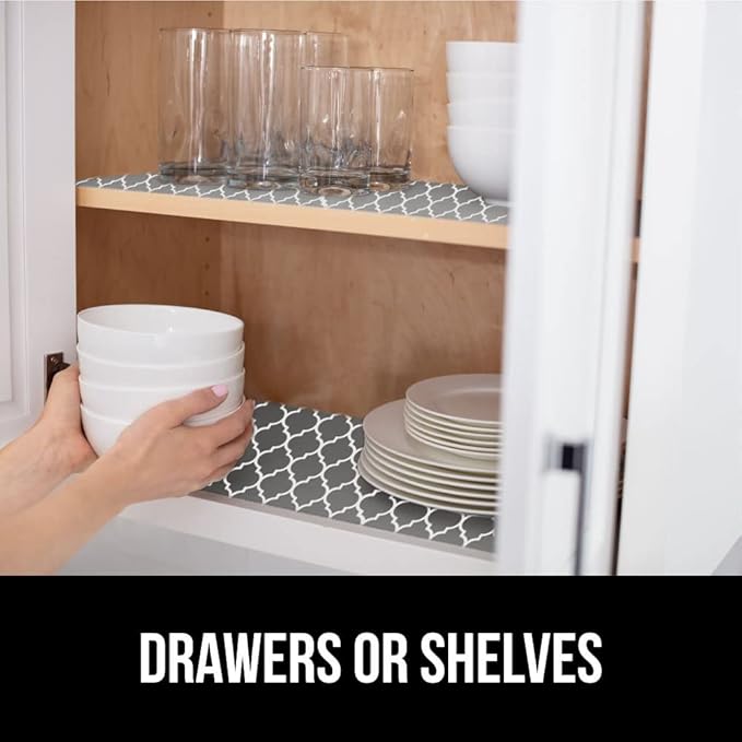 GORILLA GRIP Slip Resistant Drawer and Shelf Liner 2 Pack, Non Adhesive Water Resistant, Easy Clean and Trim, Smooth Surface Liners for Kitchen Cabinet Shelves Drawers Pantry 17.5IN x 20FT, White Gray