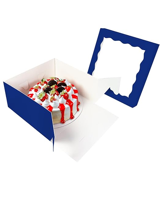 qiqee 12x12x6 Cake Box, 18 Sets Deep Blue Cake Box with Window ＆ 18 Sets 12" Deep Blue Cake Round Boards, 12inch Cake Containers