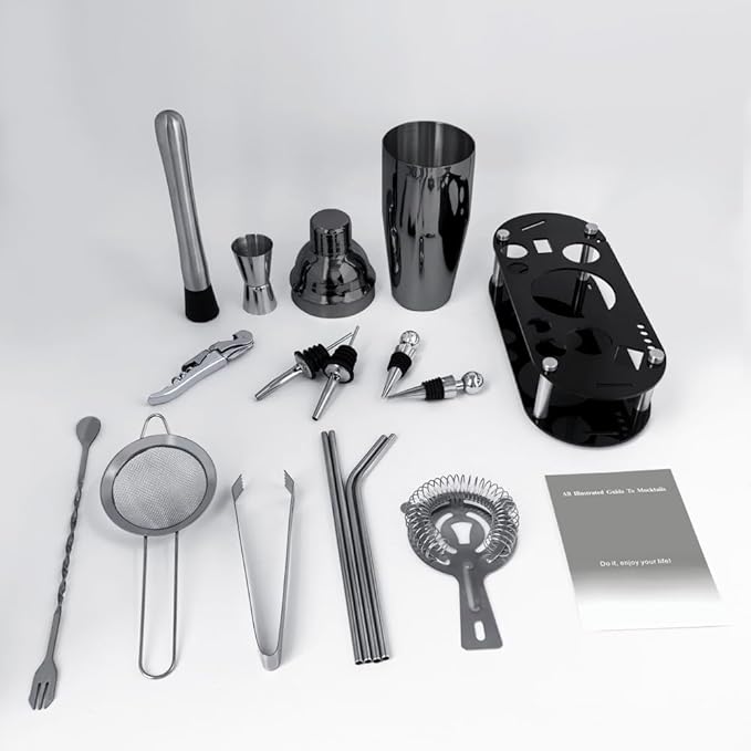 Cocktail Shaker Set Bartender Kit with Stand - 16 Piece Bar Tool Set Drink Mixer Set Includes : Shakers, Jigger, Strainer, Mixer Spoon, Muddler, Liquor Pourers, Straw (Black)