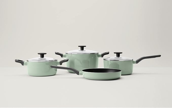 BergHOFF Sage Non-stick 7Pc Cookware Set, Glass Lid with Steam Vent, Pressed Aluminum, FernoGreen Non-toxic Nonstick Coating with Stay-cool Handle