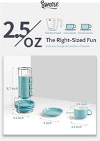 Sweese 2.5 Ounce Porcelain Stackable Espresso Cups with Saucers and Metal Stand Set of 4, Turquoise