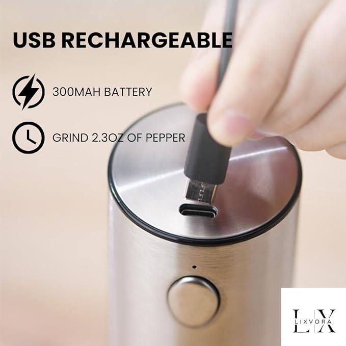 Automatic Salt and Pepper Grinder Set – Rechargeable Stainless Steel Mills with Adjustable Coarseness, One-Handed Operation, LED Light & Storage Base