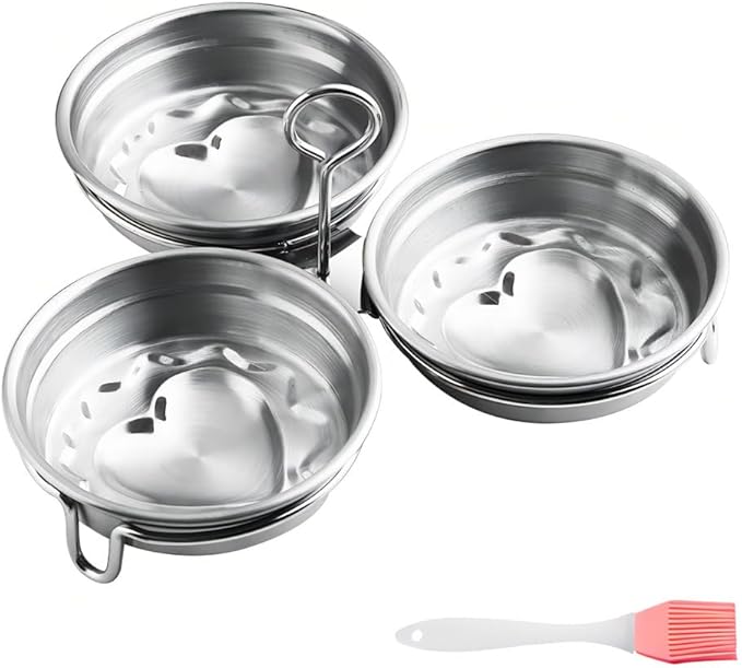 Egg Poacher,Stainless Steel Egg Boiler Maker With Oil Brush Round/Heart Shaped for Making Boiled Eggs