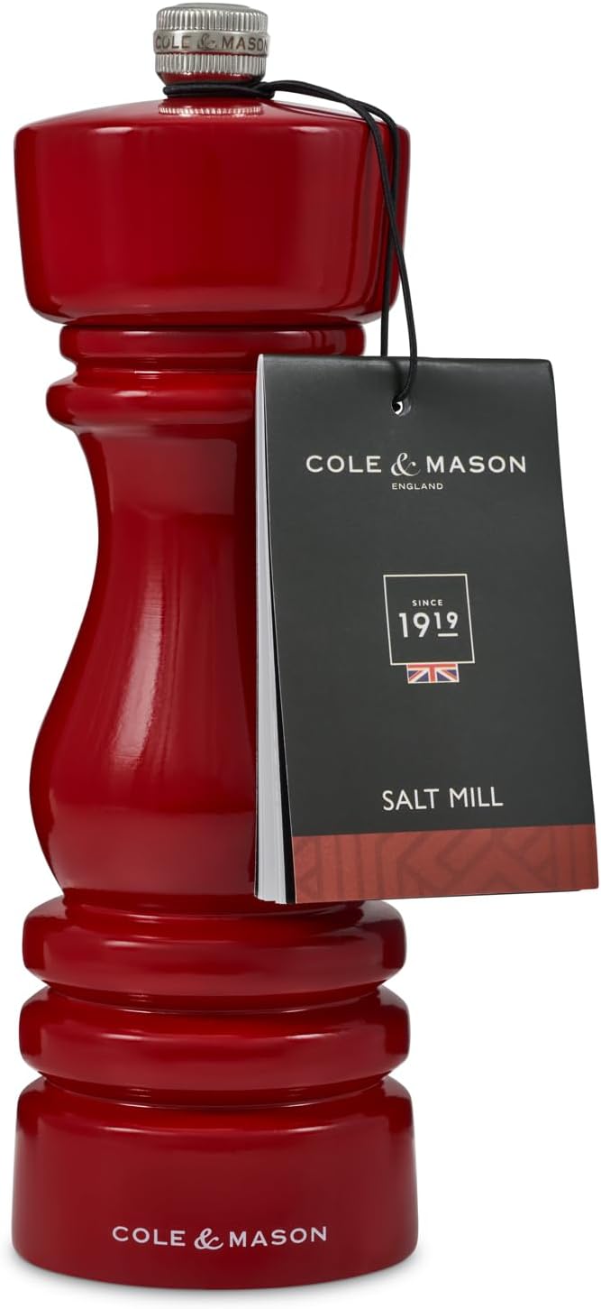 Cole & Mason London Refillable Spice Mill - Kitchen & Home Accessory - Table Salt Grinder - Salt Mill with Ceramic Mechanism - 7", Red Gloss
