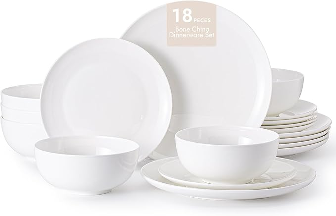 KINGSTONE Bone China Dinnerware Sets, 18-Piece Dinnerware Set for 6, Lightweight Durable, Dishwasher Safe, Tableware for Daily Use with Elegant Design, White