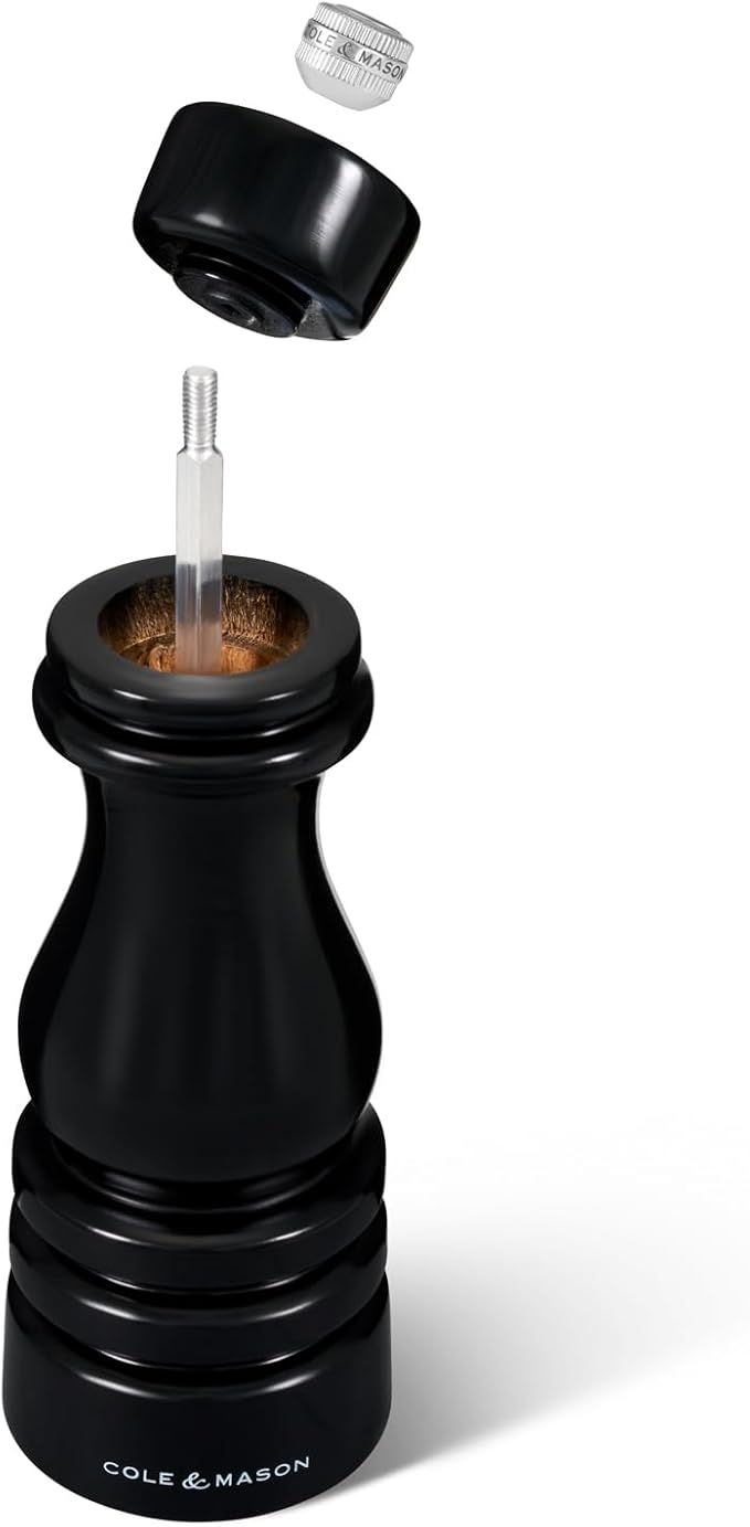 Cole & Mason London Refillable Spice Mill - Kitchen & Home Accessory - Table Black Pepper Grinder - Pepper Mill with Carbon Steel Mechanism - 7", Black Gloss