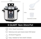 9-in-1 Electric Pressure Cooker 6QT Multi-Functional Programmable Non-Stick Pot, Slow Cooker, Rice, Steamer, Sauté, Yogurt Maker, Warmer, 6 Quart