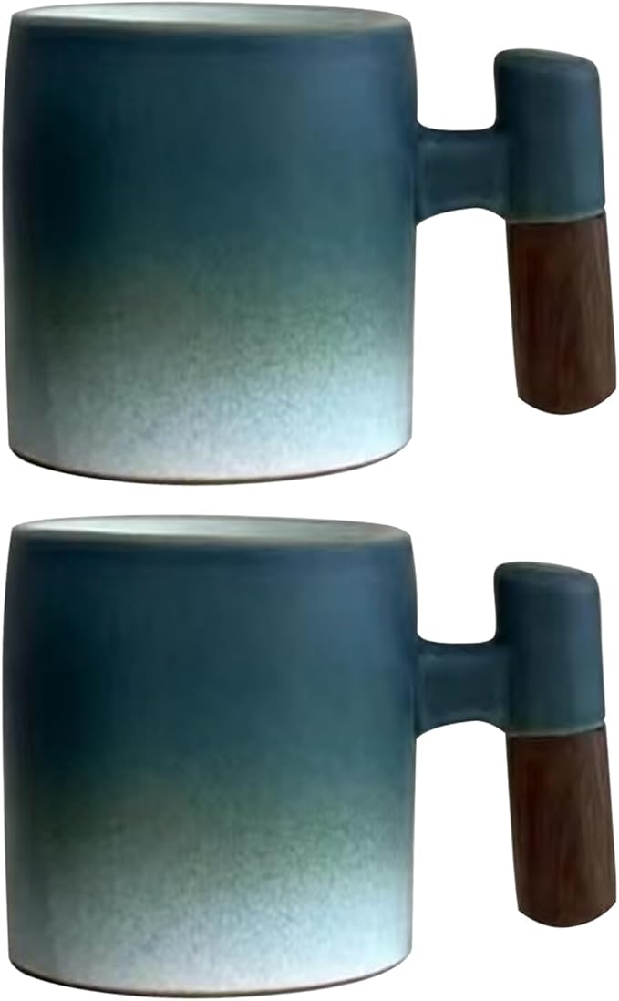 2-Oz Ceramic Espresso Cups with Wood Handle, 2/4-Piece Set for Coffee, Tea, Latte - Dishwasher Safe, Multi-Color & Wood Styles, Gift & Café Use (blue white, Wooden Handle2)