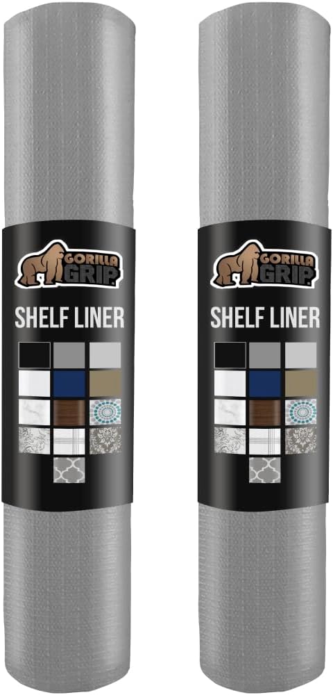 GORILLA GRIP Slip Resistant Drawer and Shelf Liner 2 Pack, Non Adhesive Water Resistant, Easy Clean and Trim, Smooth Surface Liners for Kitchen Cabinet, Shelves, Drawers, Pantry, 20 in x 20 FT, Gray