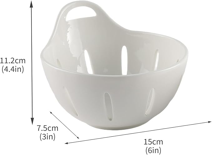 Ceramic Berry Basket,5.9 inch Fruit Bowl,Round Berry Colander with Holes & Handle,Small Fruit Basket for Kitchen Counter,Cute Containers for Berries, Strawberry, Grape, Cherry,Set of 2